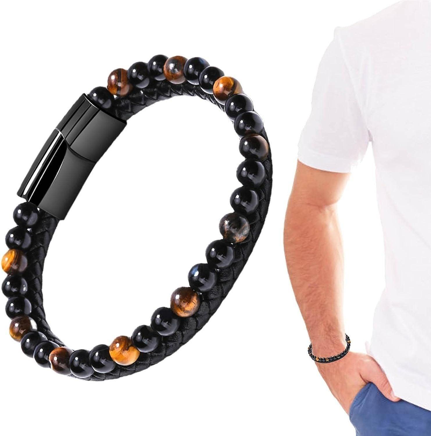 Tiger Eye Natural Stone Beaded Bracelet Women Men Elasticity Bangle hand Jewelry - Grey Lava