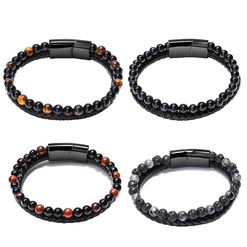 Tiger Eye Natural Stone Beaded Bracelet Women Men Elasticity Bangle hand Jewelry - Blue Stone