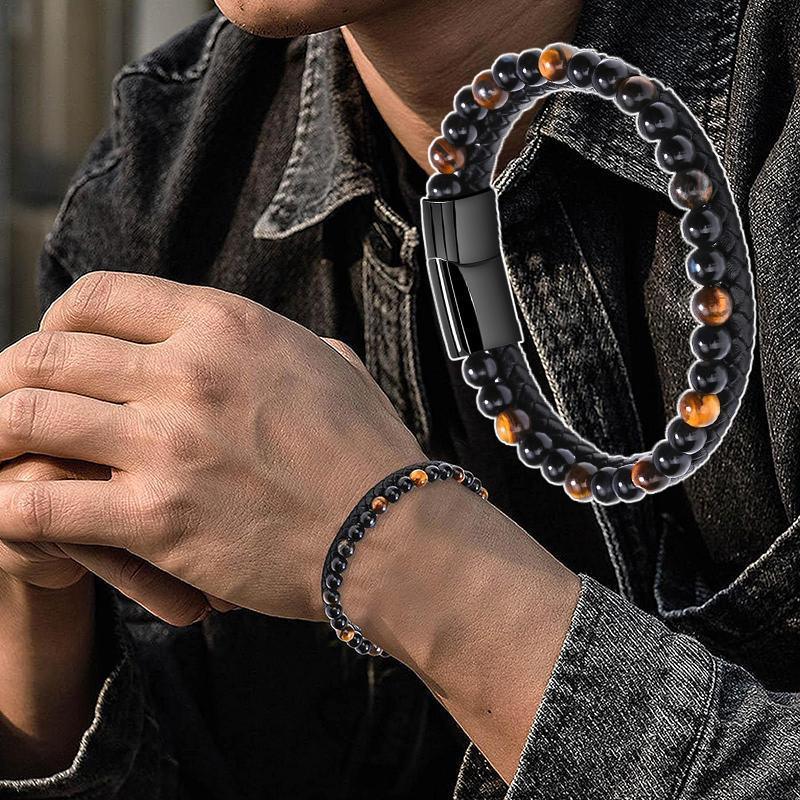 Tiger Eye Natural Stone Beaded Bracelet Women Men Elasticity Bangle hand Jewelry - Blue Stone