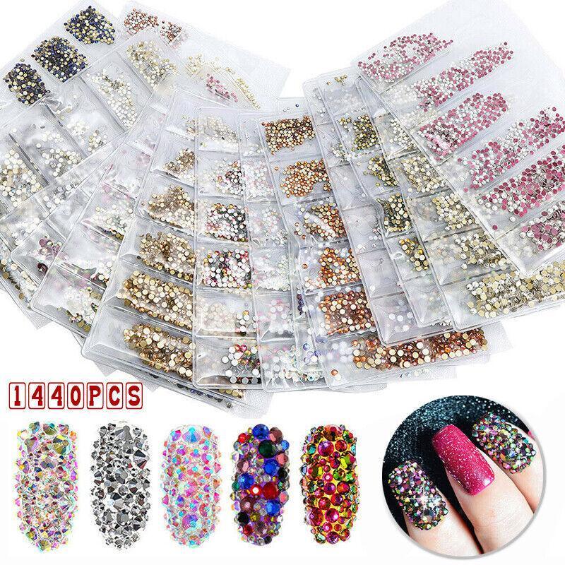 1440Pcs Glitter Rhinestones Crystal Clear Flat Bottom Glass Nail Art Nail Drill - AB