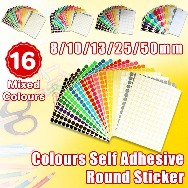 8mm to 50mm Round Dot Stickers Coloured Paper Labels Circles Dot Adhesive Sticky - 13mm 132 Dots -16 Sheets