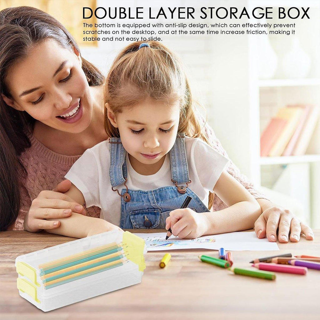 3PCS Clear Plastic Desktop Storage Box 2 Layer Holder DIY Stationery Pencil Case - Yellow
