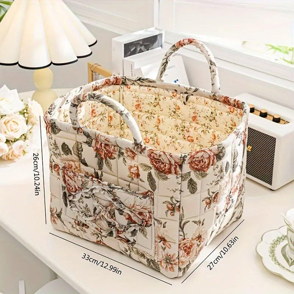 Portable Fabric Storage Basket Korean Pastoral Style Organizer for Home Sundries - Floral4