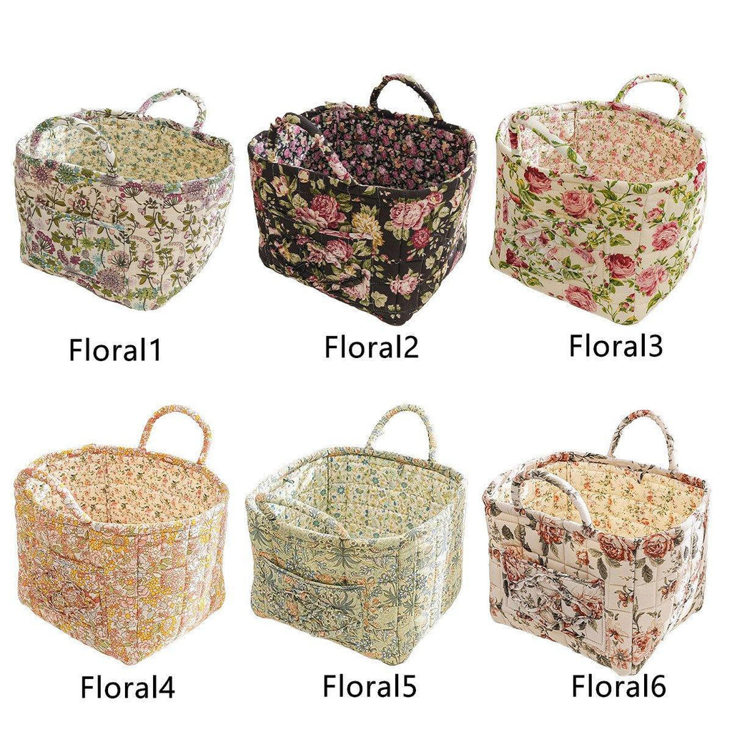 Portable Fabric Storage Basket Korean Pastoral Style Organizer for Home Sundries - Floral5