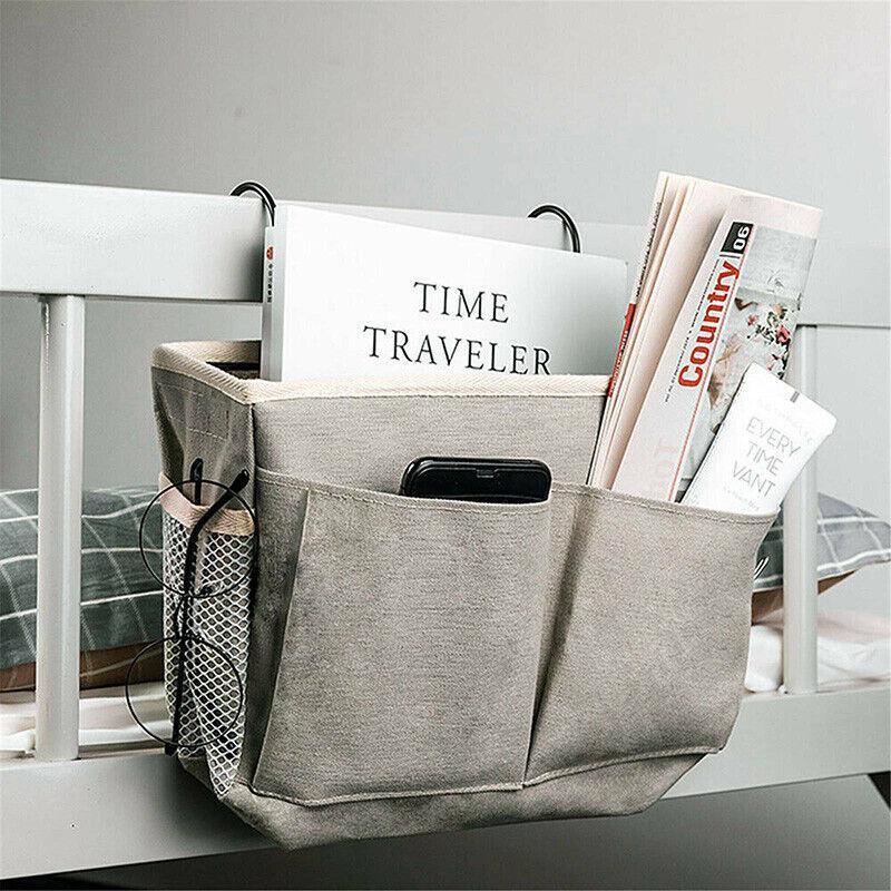 Hanging Bedside Storage Caddy with Pockets for Bunk Bed Dorm Couch Organizing - Black Grid