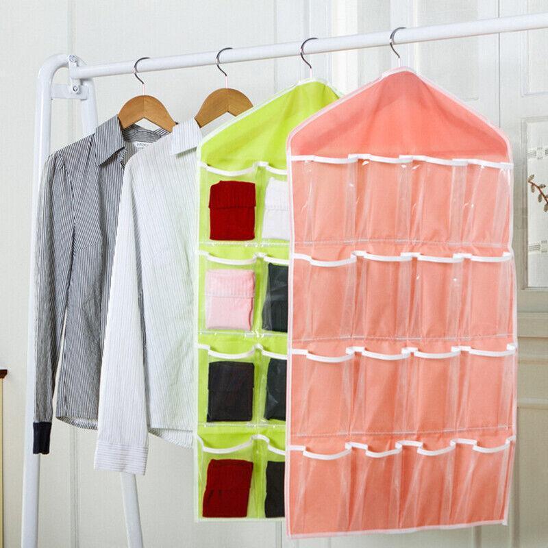 16 Pockets Hanging Wardrobe Storage Organizer Bag for Socks and Underwear - Rose Red