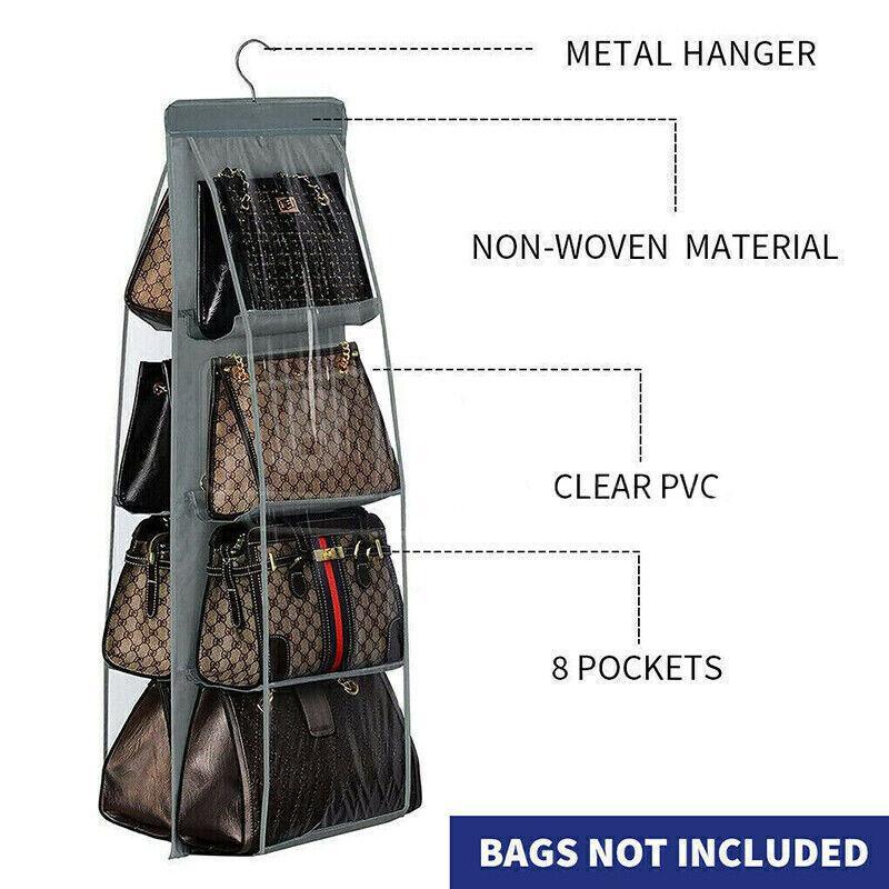 8 Pocket Double-sided Bag Handbag Storage Holder Hanging Organizer Shelf - Grey