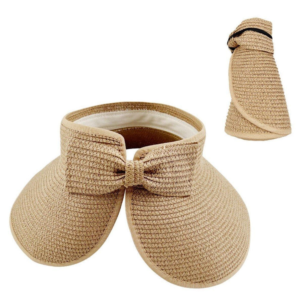 Women Roll Up Sun Visor Wide Brim Straw Hat Summer Foldable UV Protection Cap - Beige