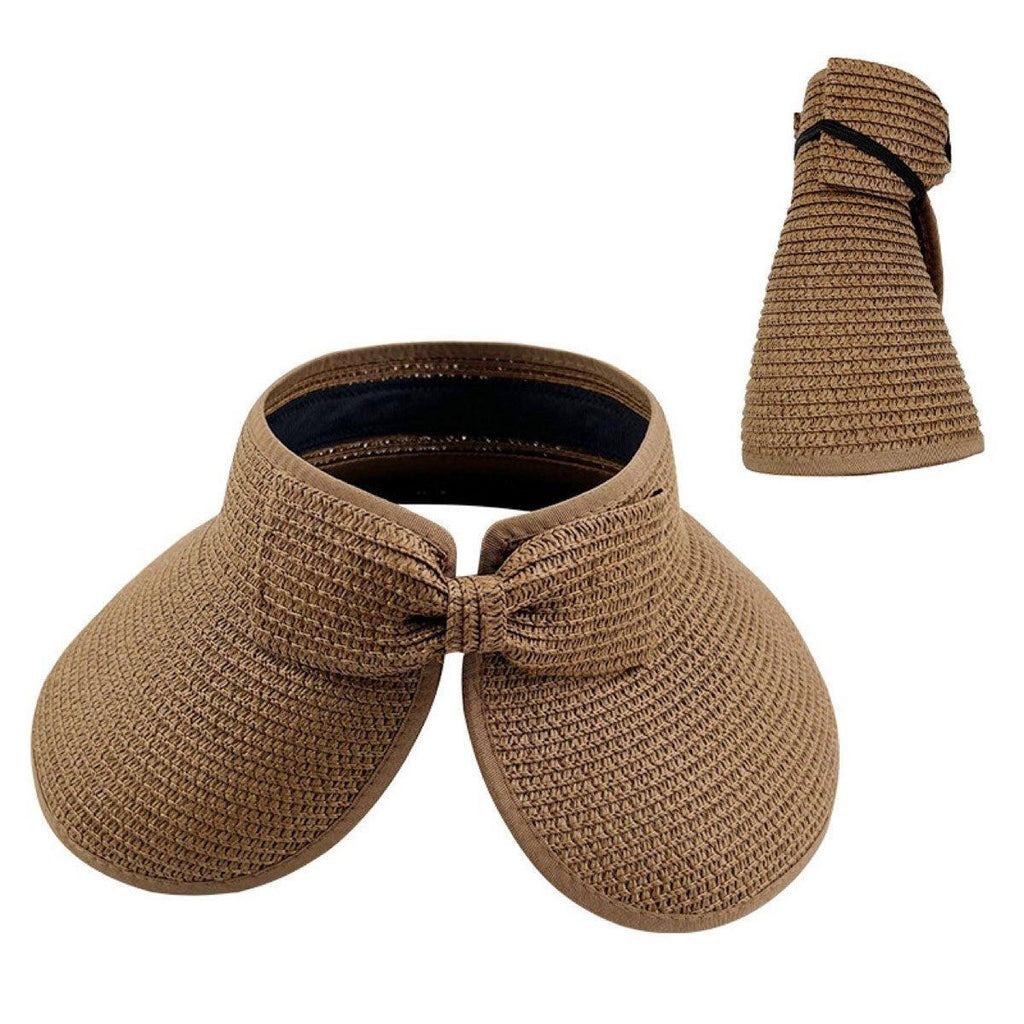 Women Roll Up Sun Visor Wide Brim Straw Hat Summer Foldable UV Protection Cap - Dark Brown