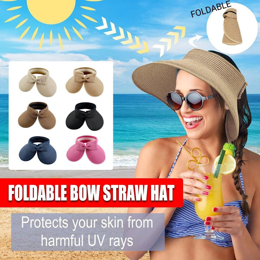 Women Roll Up Sun Visor Wide Brim Straw Hat Summer Foldable UV Protection Cap - Rose Red