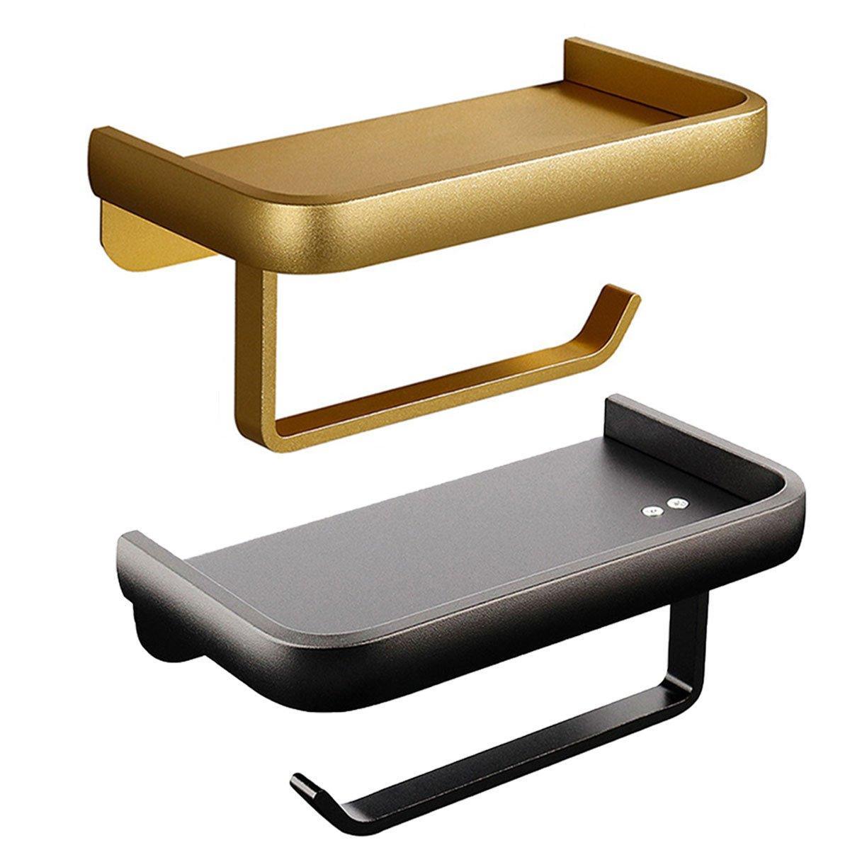 Wall Mounted Aluminum Toilet Paper Holder Non-perforated Tissue Cell Phone Shelf - Black
