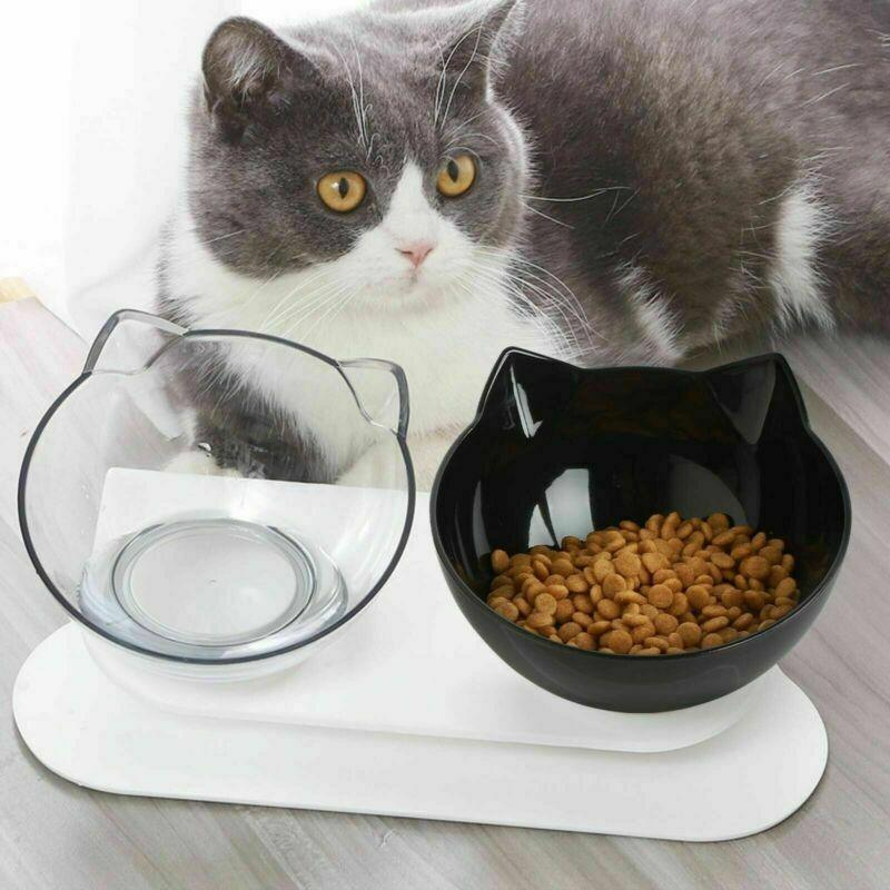 Double Cat Dog Bowl Elevated Pet Feeder Stand Raised Food Water Feeding Dish - Transparency+Transparency