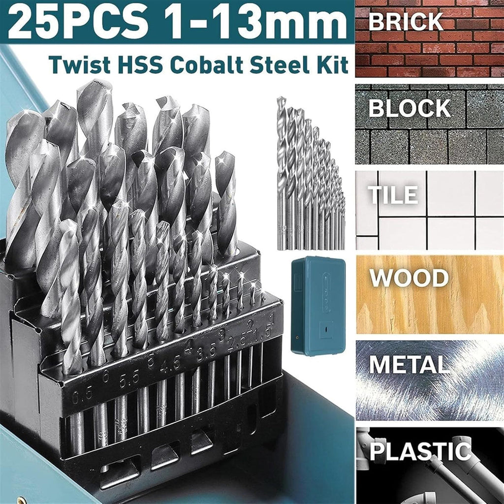 Drill Bits Set Metric Metal Twist High Speed HSS Steel Case 25pcs Coated Tool