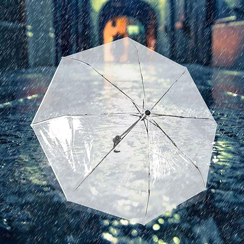 Transparent Folding Umbrella Compact Tri Fold Design Clear Rain Protection Cover - Manually operated-Pink