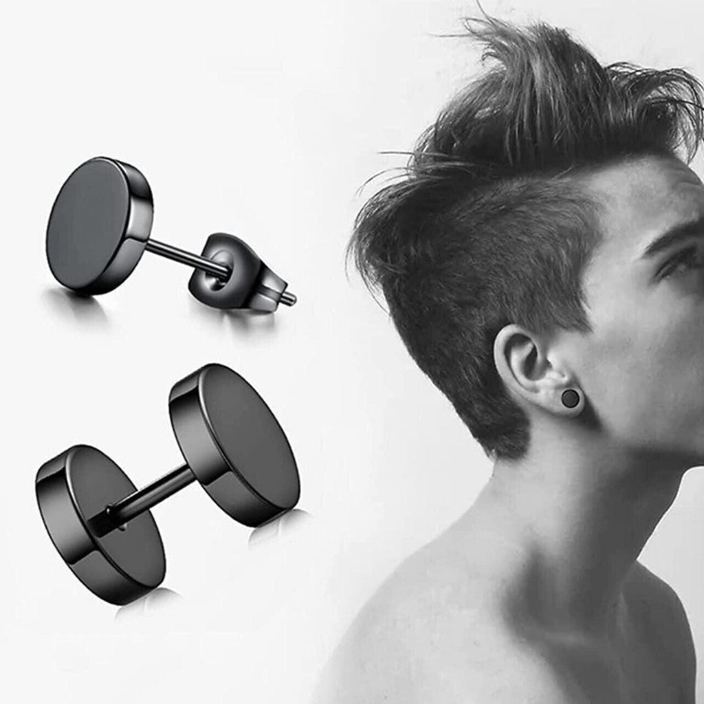 Pair Black Flat Round Barbell Plug Stud Earrings Stainless Steel Mens Gym 4-12Mm - 8mm