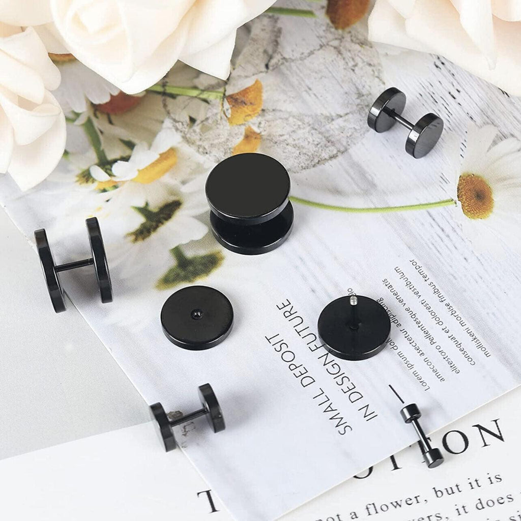 Pair Black Flat Round Barbell Plug Stud Earrings Stainless Steel Mens Gym 4-12Mm - 8mm