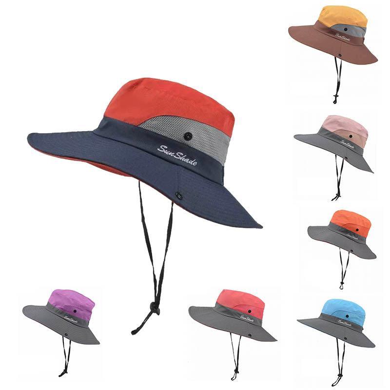 Women Wide Brim Ponytail Hat Sun Protect Visor Summer Beach Cap Anti Uv Floppy - Watermelon Red