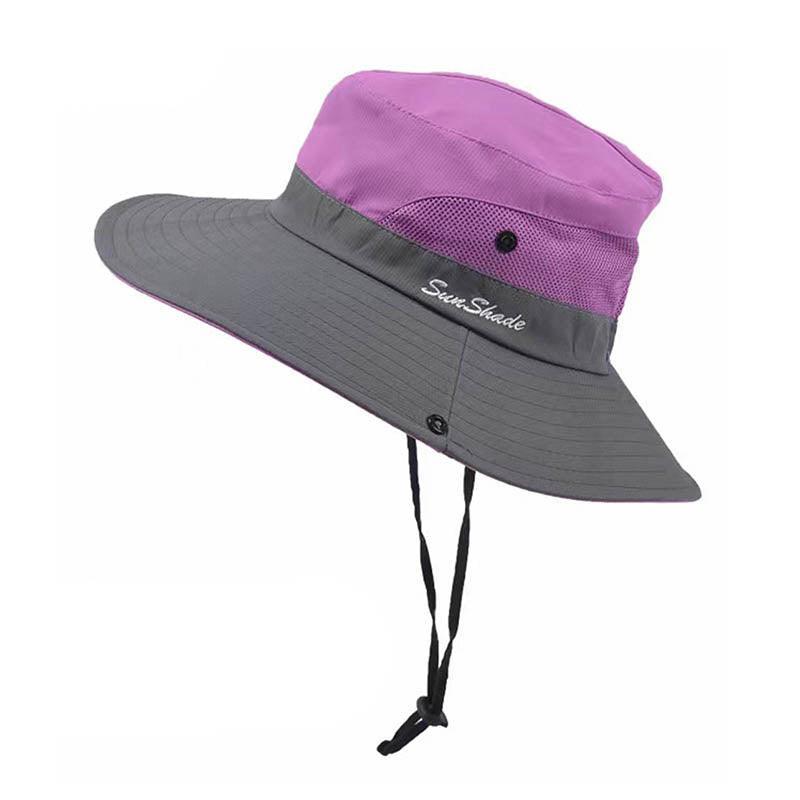 Women Wide Brim Ponytail Hat Sun Protect Visor Summer Beach Cap Anti Uv Floppy - Watermelon Red