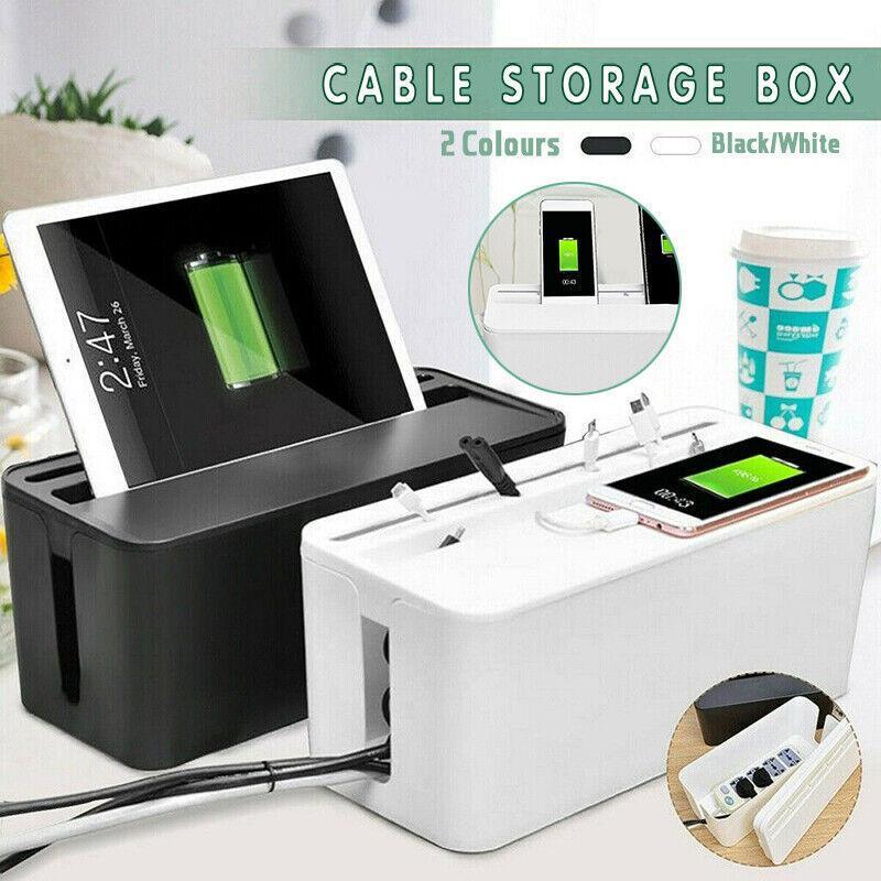 Large Cable Wire Cord Storage Box Case with Lid for Power Board and Device Charging - Black