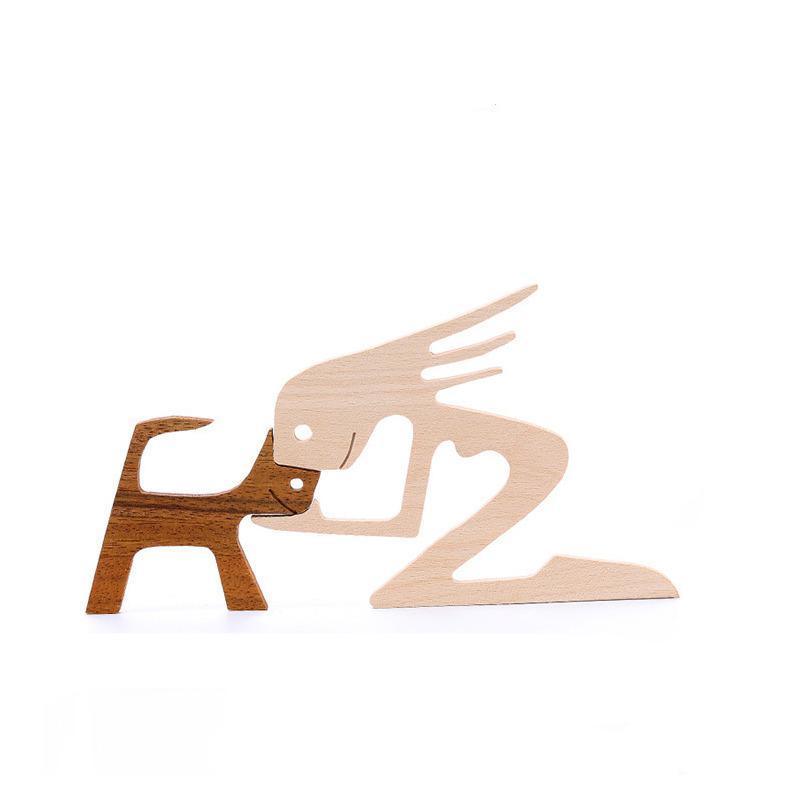 Handmade Wooden Statue Sitting Family and Dog Craft Home Decor - B01