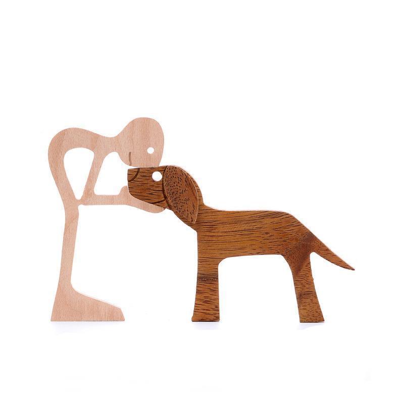 Handmade Wooden Statue Sitting Family and Dog Craft Home Decor - B05