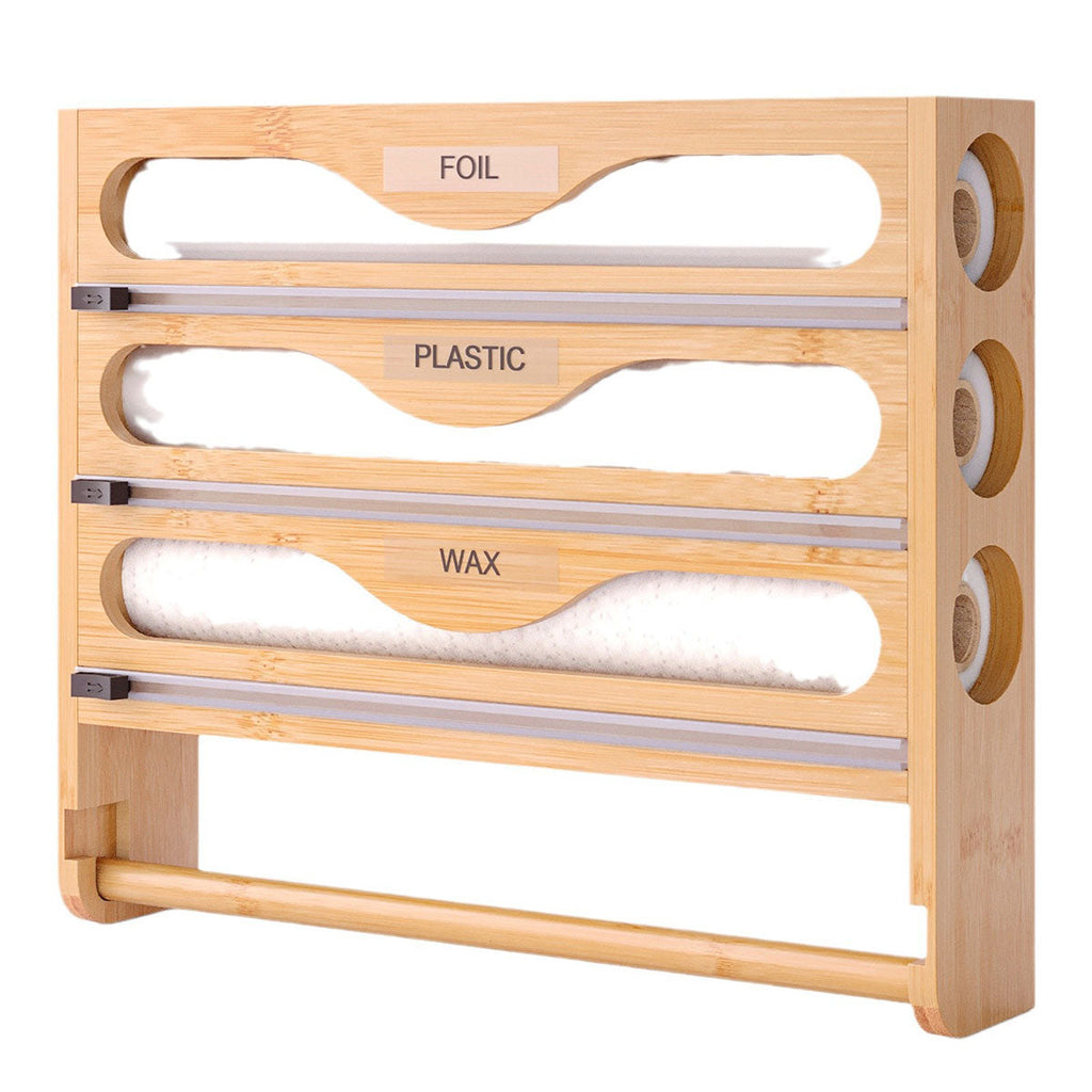 Wall Mounted Plastic Wrap Cutter Bamboo Multi Cell Kitchen Storage Box Organizer