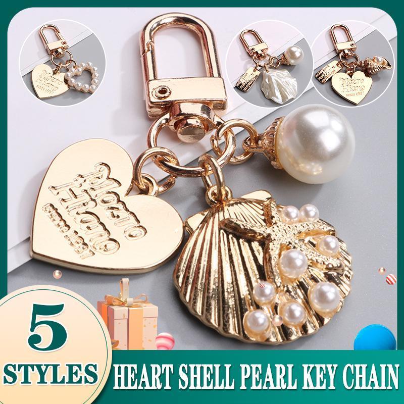Womens Cute Key Rings Shell Heart Pearl Shape Keychain Charm Bag Hanger Pendants - D