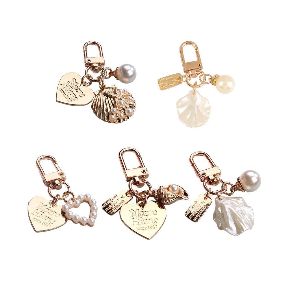 Womens Cute Key Rings Shell Heart Pearl Shape Keychain Charm Bag Hanger Pendants - C