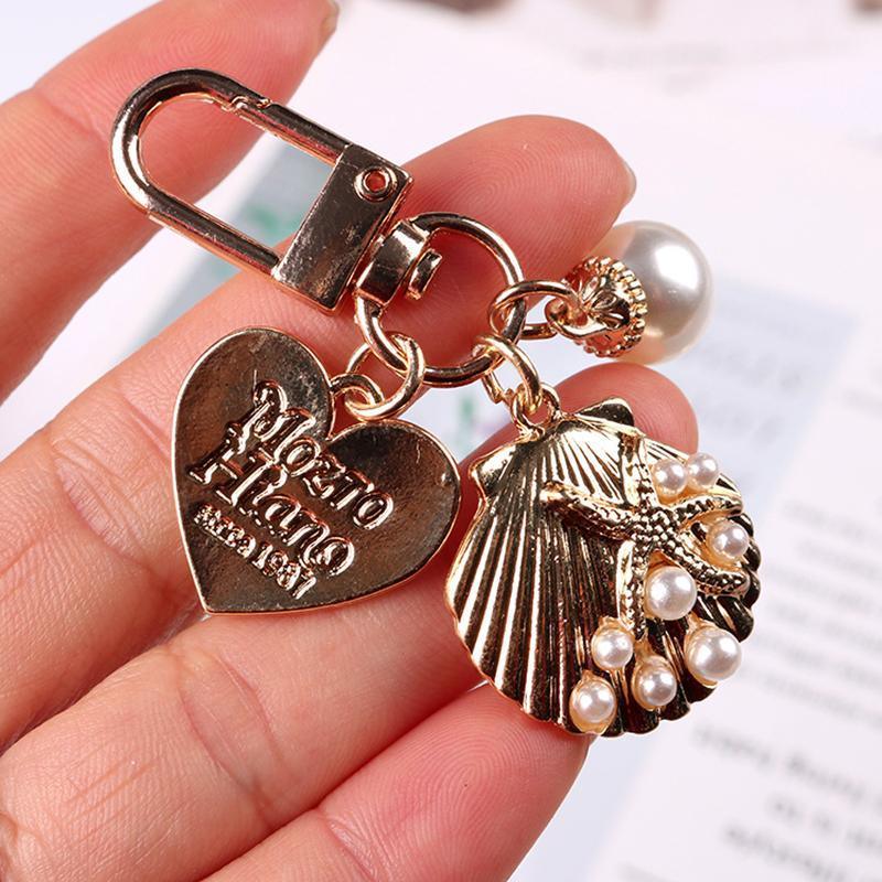 Womens Cute Key Rings Shell Heart Pearl Shape Keychain Charm Bag Hanger Pendants - B