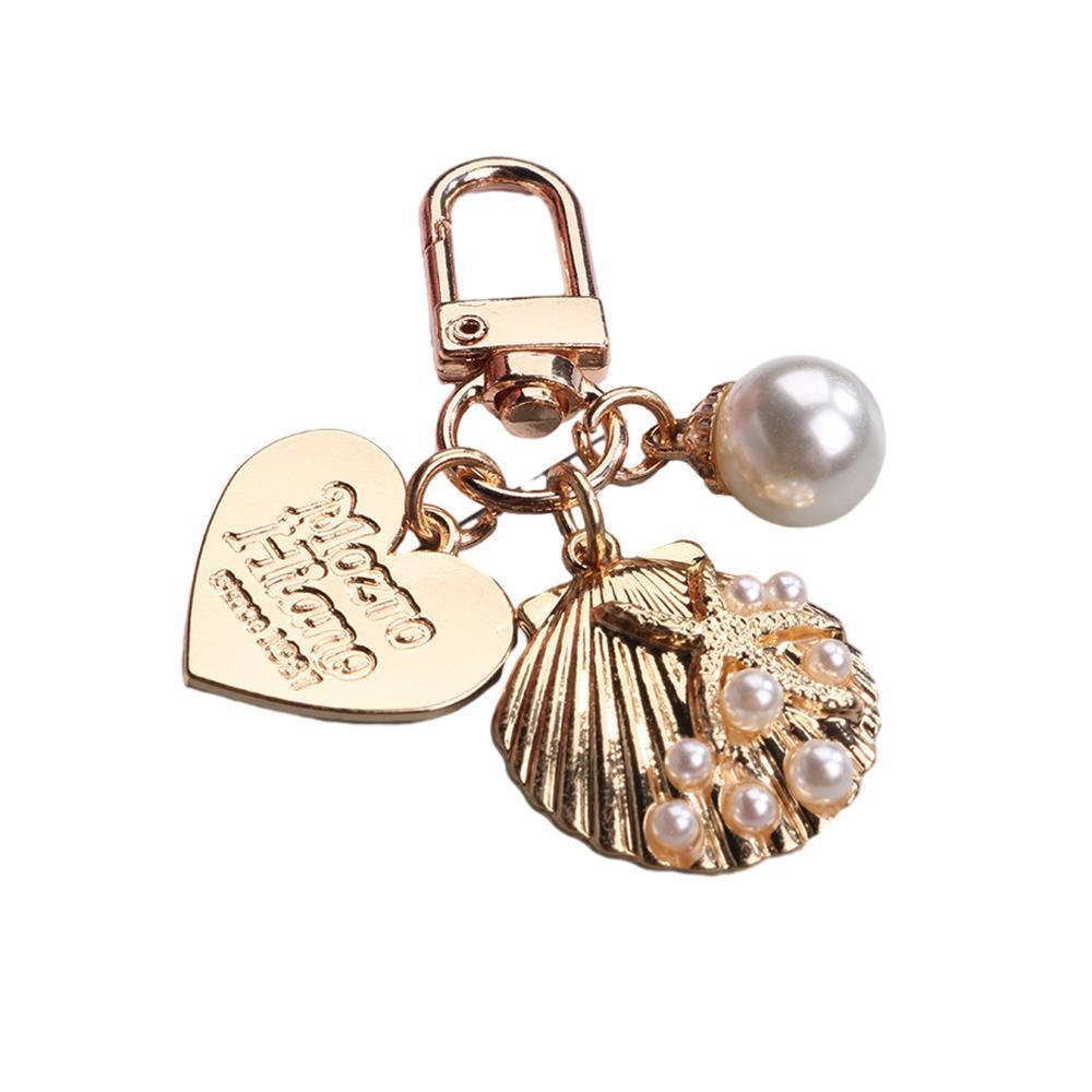 Womens Cute Key Rings Shell Heart Pearl Shape Keychain Charm Bag Hanger Pendants - B