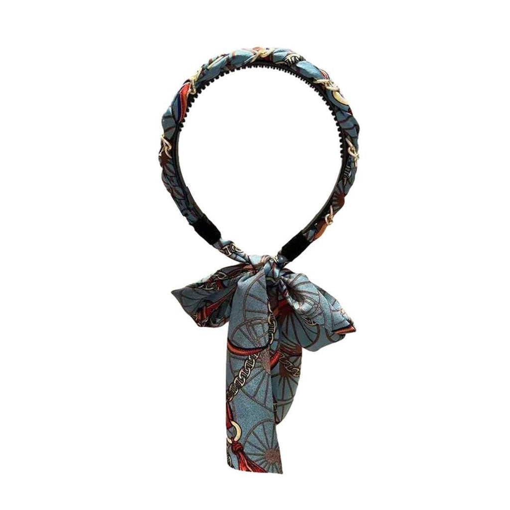 Chains patterned satin headband with Long Scarf Headband Scarf Hair Accessories - Black
