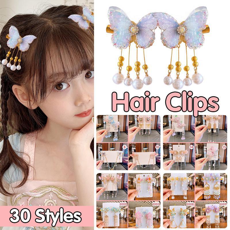 2Pcs Hanfu Flower Hair Clip with Pearl Tassel Butterfly Hairpin for Women and Girls Party - E018
