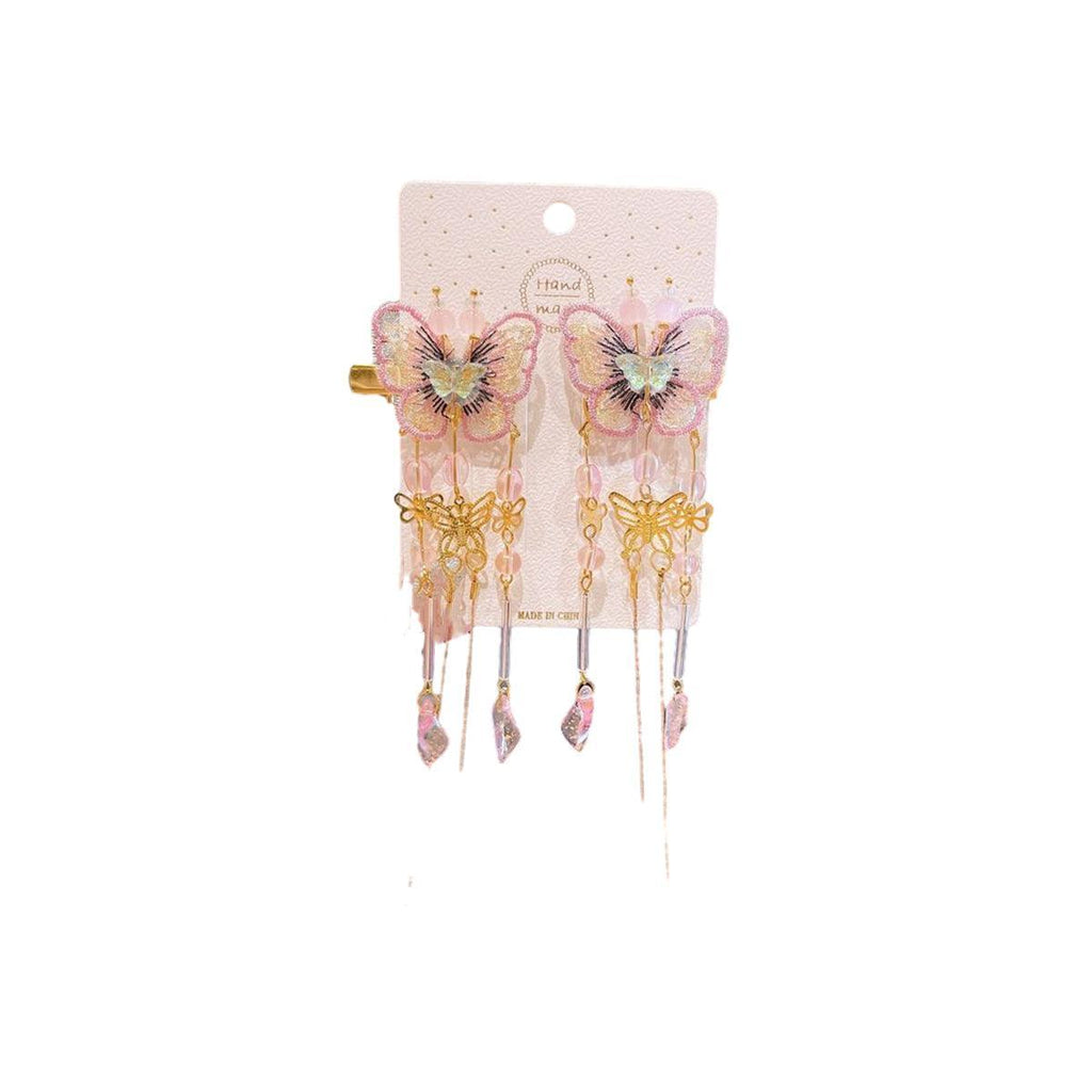 2Pcs Hanfu Flower Hair Clip with Pearl Tassel Butterfly Hairpin for Women and Girls Party - E018