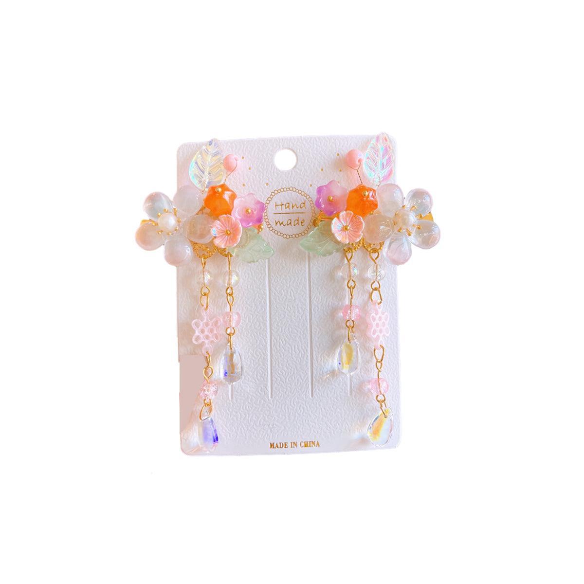 2Pcs Hanfu Flower Hair Clip with Pearl Tassel Butterfly Hairpin for Women and Girls Party - E018