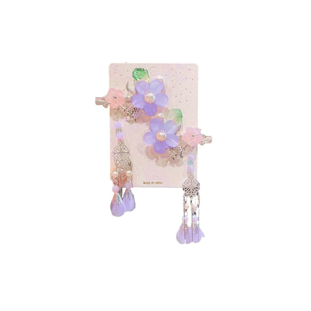 2Pcs Hanfu Flower Hair Clip with Pearl Tassel Butterfly Hairpin for Women and Girls Party - E002