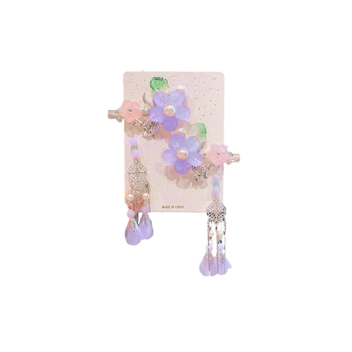 2Pcs Hanfu Flower Hair Clip with Pearl Tassel Butterfly Hairpin for Women and Girls Party - E002