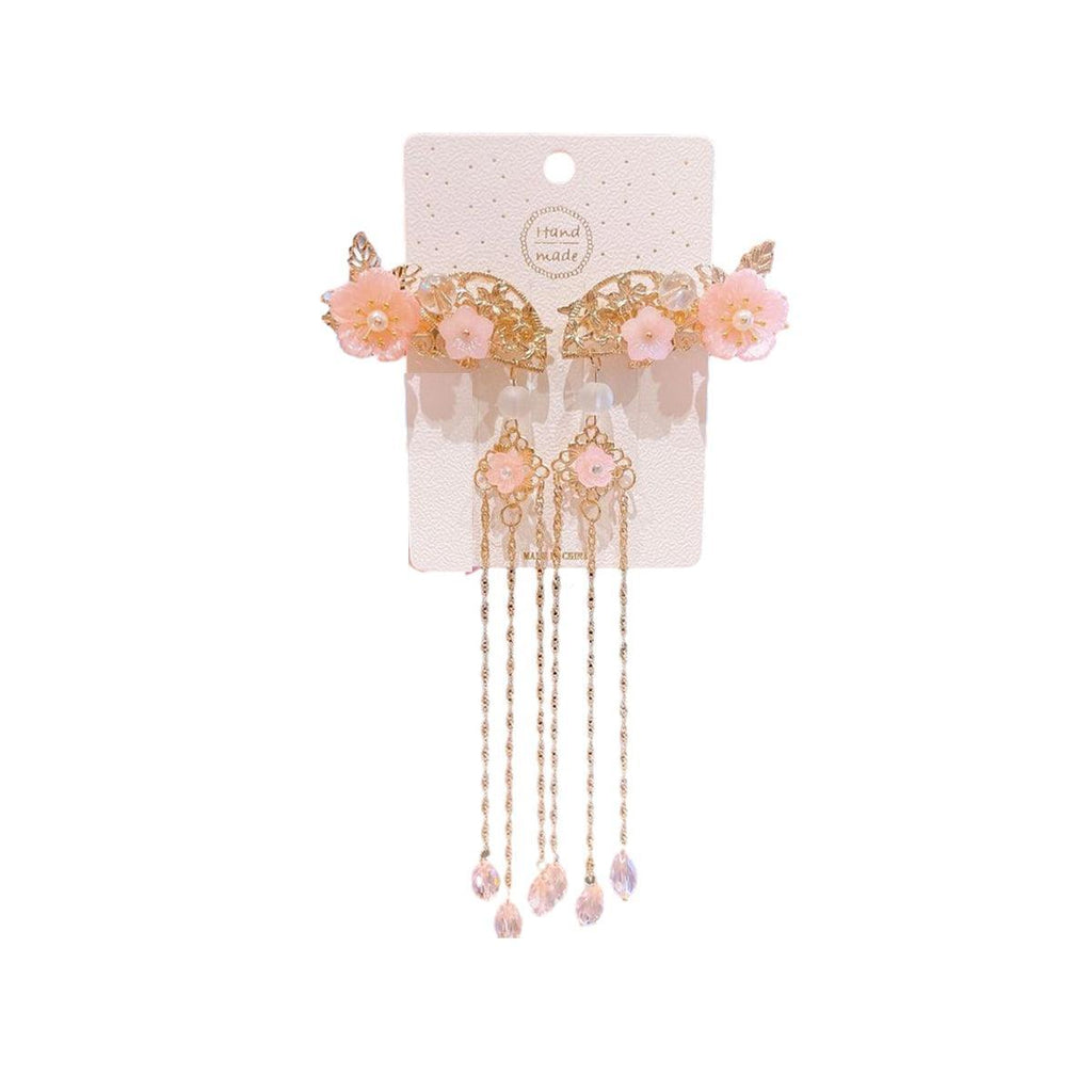 2Pcs Hanfu Flower Hair Clip with Pearl Tassel Butterfly Hairpin for Women and Girls Party - E002