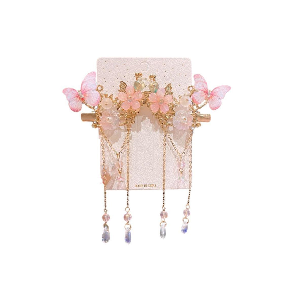 2Pcs Hanfu Flower Hair Clip with Pearl Tassel Butterfly Hairpin for Women and Girls Party - 13