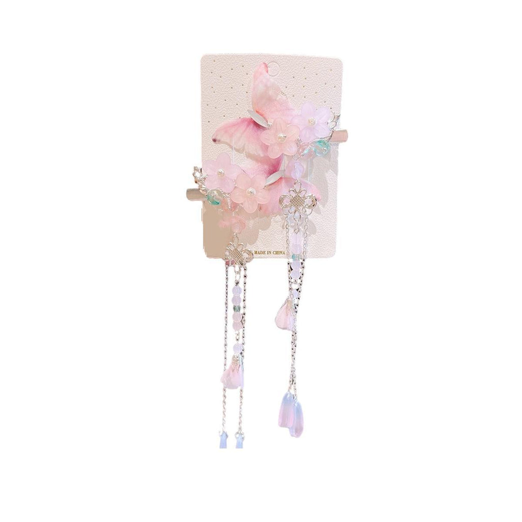 2Pcs Hanfu Flower Hair Clip with Pearl Tassel Butterfly Hairpin for Women and Girls Party - 4