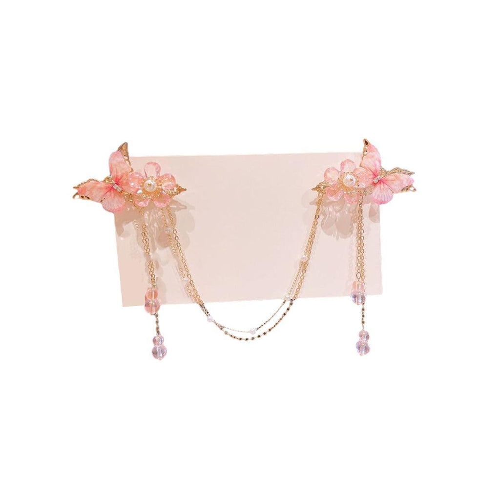 2Pcs Hanfu Flower Hair Clip with Pearl Tassel Butterfly Hairpin for Women and Girls Party - 1