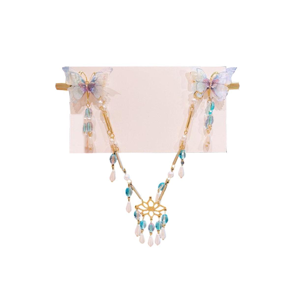 2Pcs Hanfu Flower Hair Clip with Pearl Tassel Butterfly Hairpin for Women and Girls Party - 17