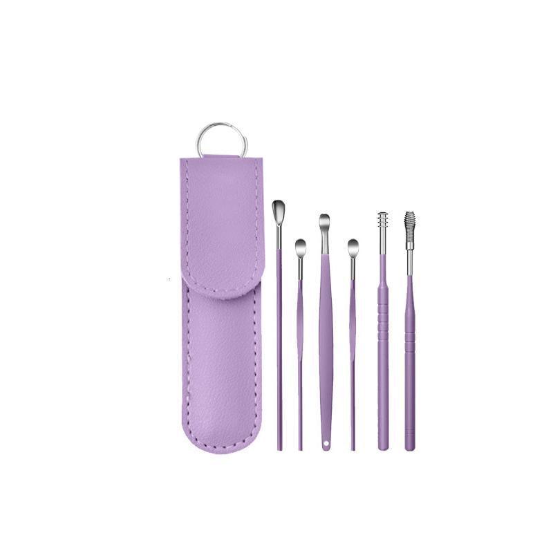 6Pcs Earpick Ear Wax Curette Ear Cleaner Remover Spoon Ear Cleaning Tool Kit - Purple