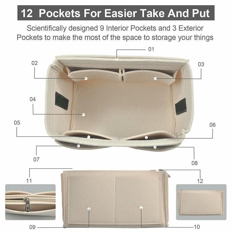 Felt Handbag Organizer Insert with Multiple Pockets for Tote and Purse - Pink L Size