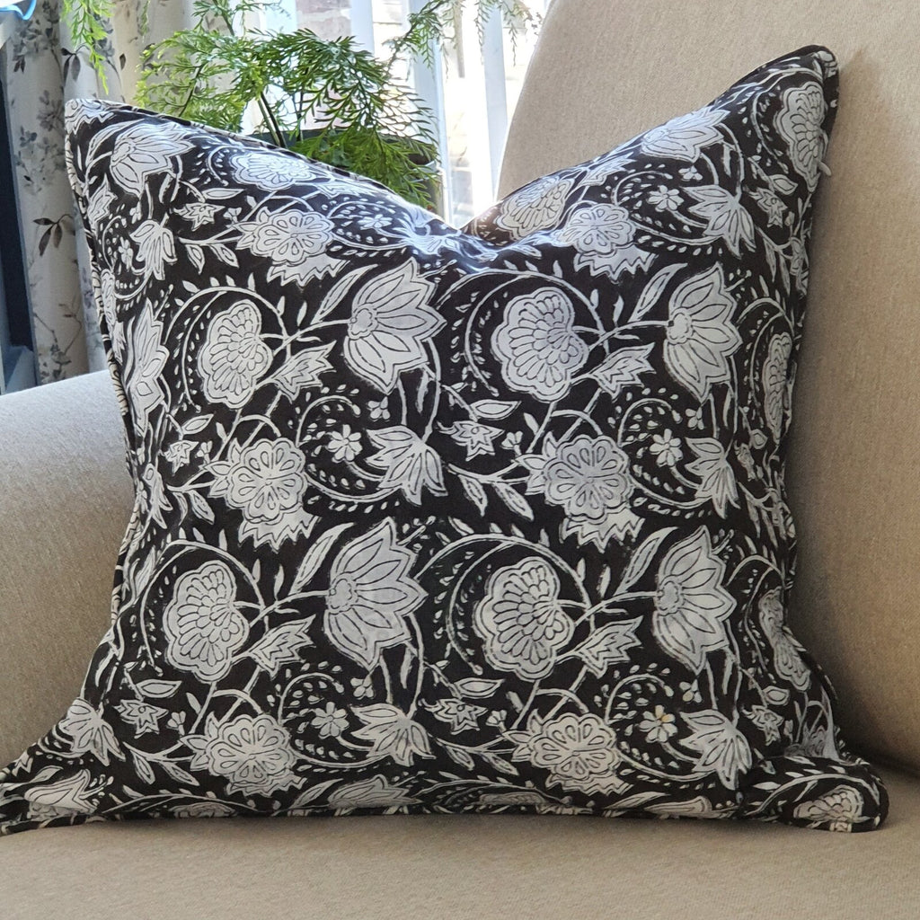 1x Kolka Black Floral Lounge Decorative Cushion Soft Cotton Cover - Black