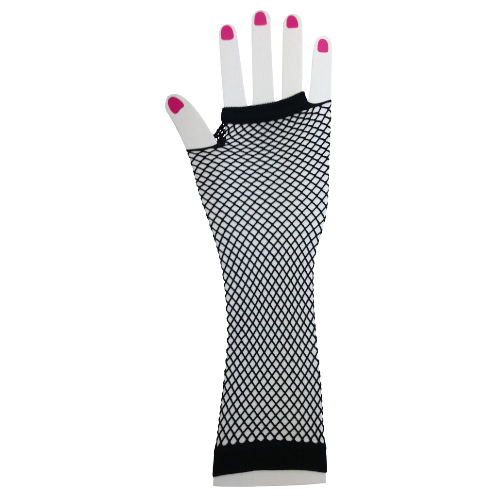 Long Elbow Length Fishnet Gloves Fingerless 70s 80s Womens Costume Party Dance in Black
