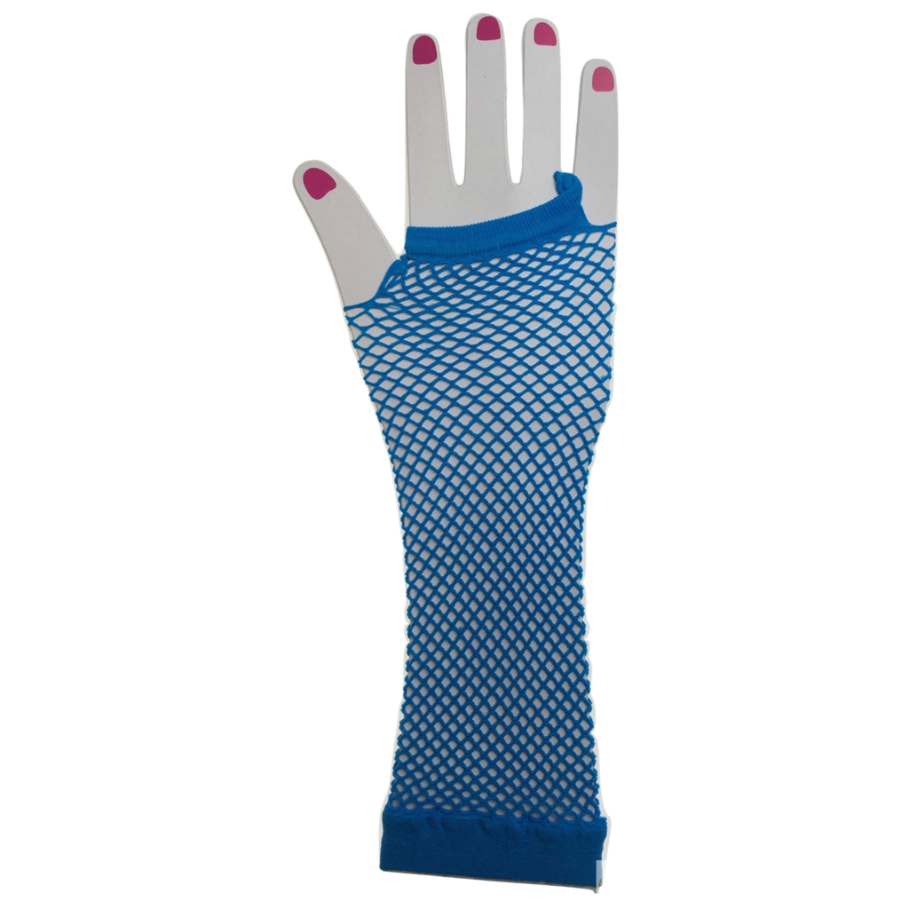 Long Elbow Length Fishnet Gloves Fingerless 70s 80s Womens Costume Party Dance in Blue