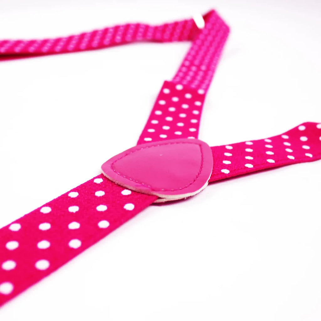 Mens Suspenders Braces Adjustable Strong Clip On Elastic Formal Wedding Slim - Pink with White Polka Dot