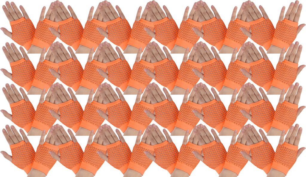 24 Pair Fishnet Gloves Fingerless Wrist Length 70s 80s Costume Party - Orange