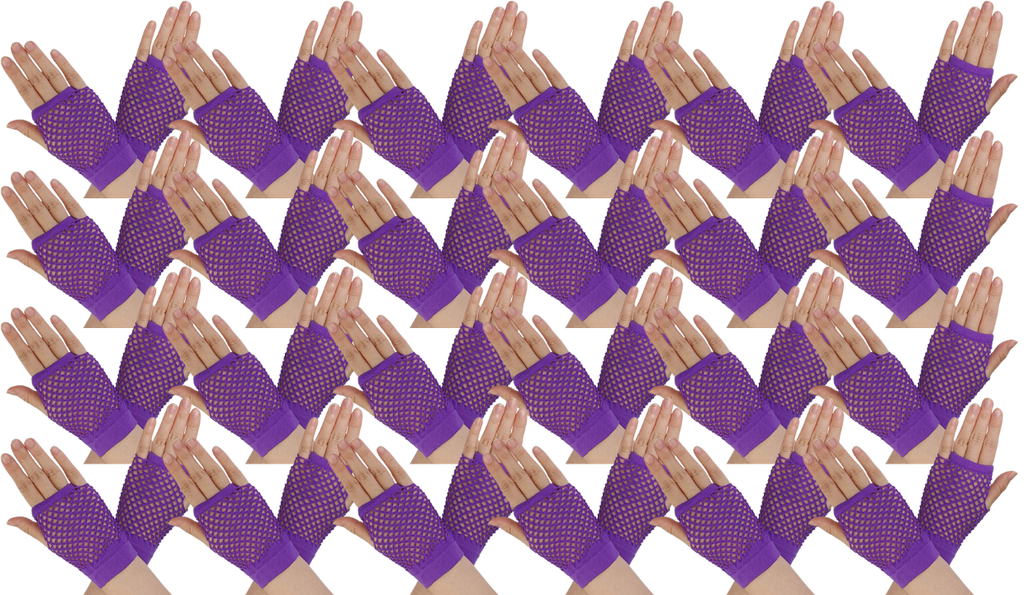 24 Pair Fishnet Gloves Fingerless Wrist Length 70s 80s Costume Party - Purple