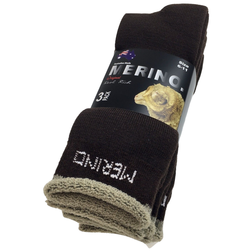 3 Pairs MERINO WOOL SOCKS Mens Heavy Duty Premium Thick Work Socks Cushion - Brown - 11-14